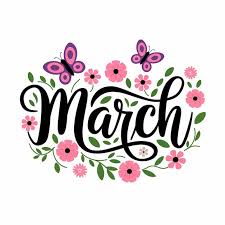 The word March surrounded by flowers and butterflies. 